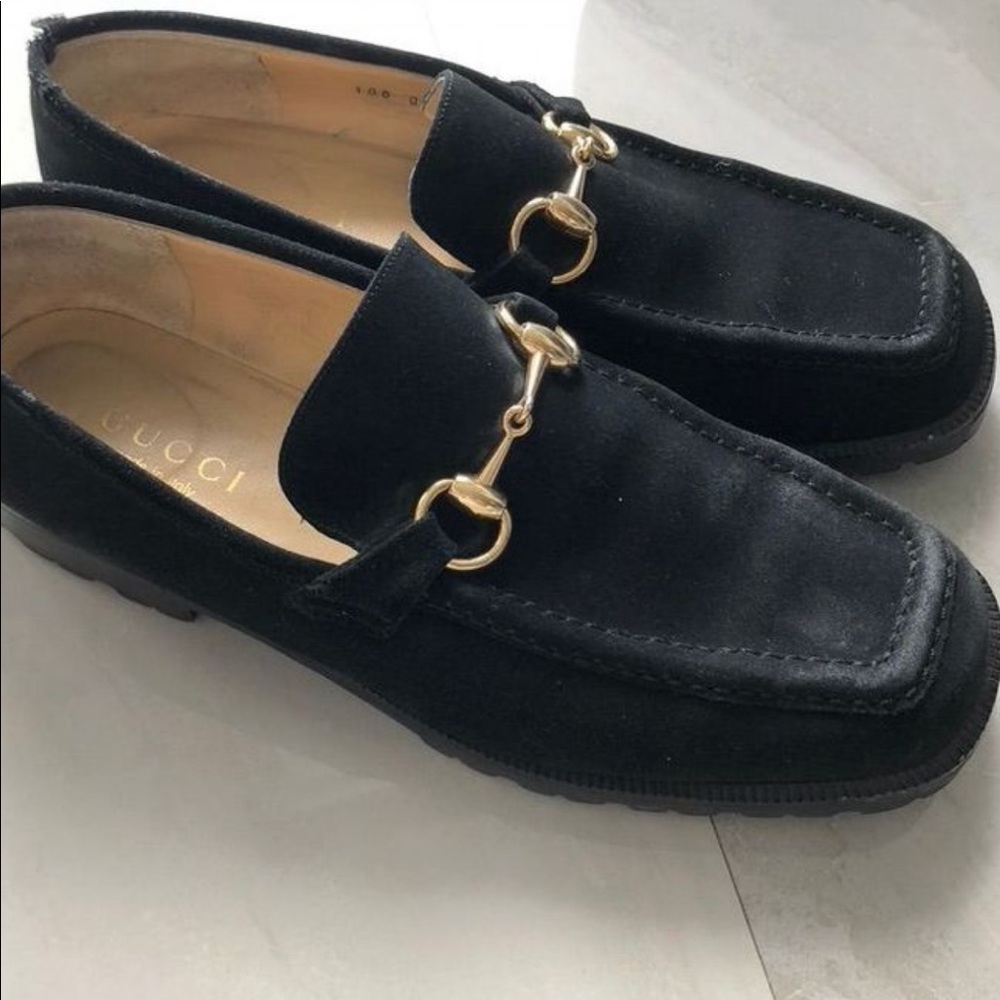 GUCCI Horsebit Accent black suede loafers SZ 8.5